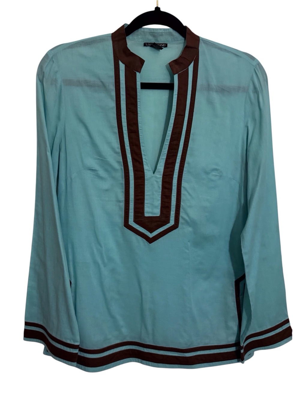 Lucky Brand Vintage Y2K Small Blue Brown Trim V-Neck Top Cotton Boho Western